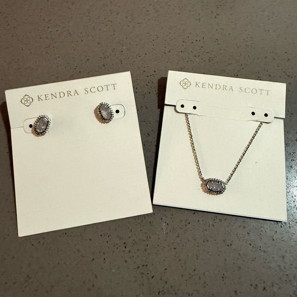 Kendra Scott Silver-Tone Gray Oval Stone Necklace and Stud Earrings Set
